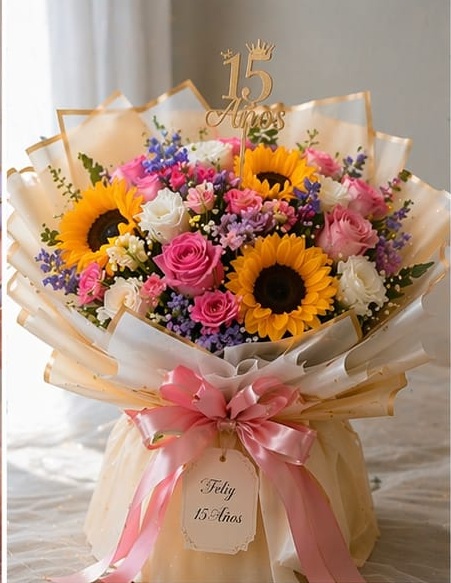 Foto de Ramo oriental de rosas rosadas y blancas con girasoles para 15 a�os...